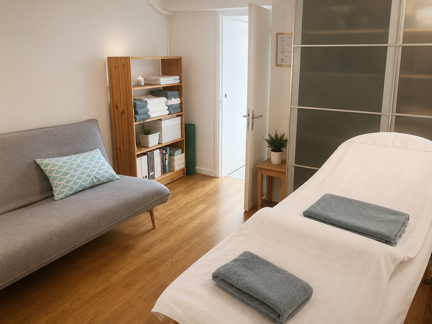 Le coin soin : la table drapée de blanc, un canapé gris, une étagère en bois clair garnie de linge plié.